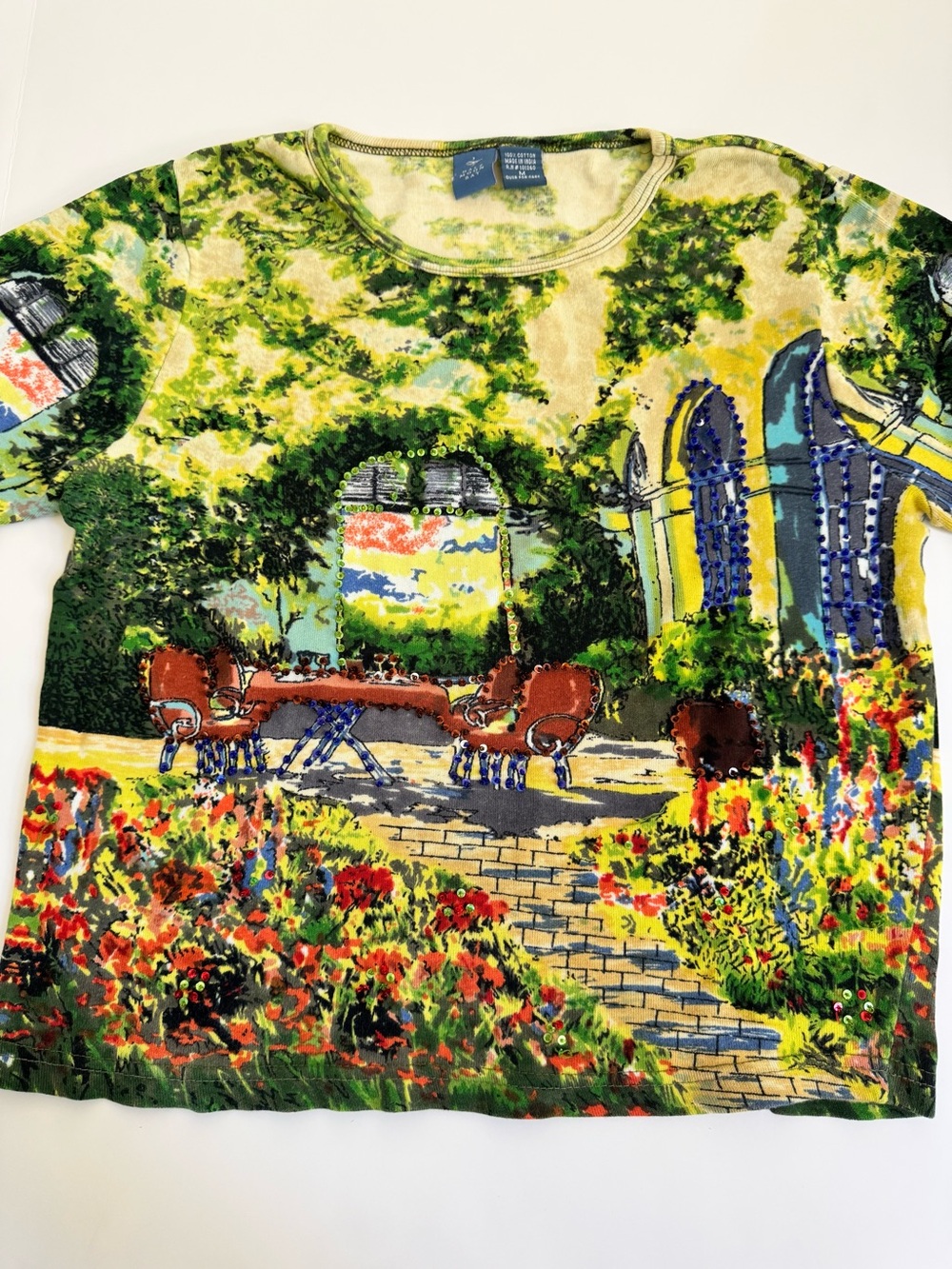 Scenic print beaded sequin 3/4 sleeve colorful top - Half Moon Bay Medium